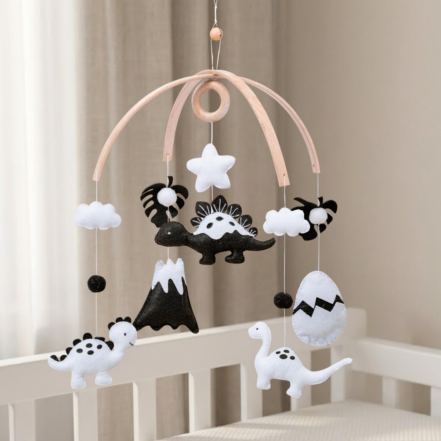 Dinosaur Crib Mobile – High-Contrast Black & White Nursery Decor for Newborn Baby Room, Handmade for Boy & Girl, Natural Wood & Fabric, Plastic-Free, Ready-to-Gift