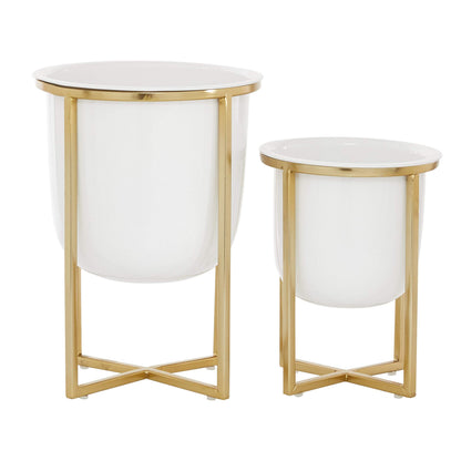 CosmoLiving by Cosmopolitan Metal Indoor Outdoor Planter Dome Small Planter Pot with Gold X-Shaped Stands, Set of 2 Planters 12", 10"H, White