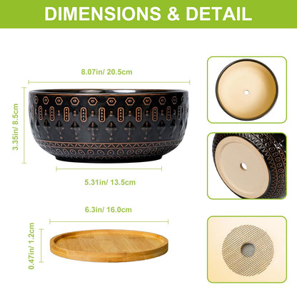 Fivepot Bonsai Planter - 8 Inch Ceramic Pots for Plants Indoor, Shallow Round Succulent Bowl with Drainage Hole and Tray for Cactus, Boho Room Garden House Decor, Birthday Gifts, Black