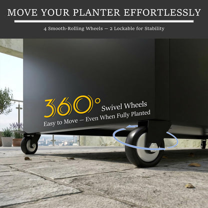 WIZWERK Metal Planter Box with Wheels, 36" Large Rolling Outdoor Planter with Drainage & Removable Shelf, Rectangular Planter Raised Garden Bed for Patio, Balcony, Porch & Backyard, Black