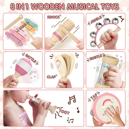 Baby Musical Instruments for Toddlers 1-3, Montessori Wooden Toys for 1 Year Old, Xylophone Maracas Percussion Set with Storage Bag, Learning Toys for Boys Girls Age 2-4, Christmas Birthday Gift, Pink