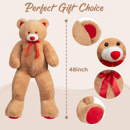 WENMOTDY Giant Teddy Bear 4ft Stuffed Animal Big Teddy Bear Plush with Red Ribbon Bow and Paw Pads Plush Toy for Girlfriend Lover Mom Kids Anniversary Valentines Birthdays Gifts 48 inch Tan