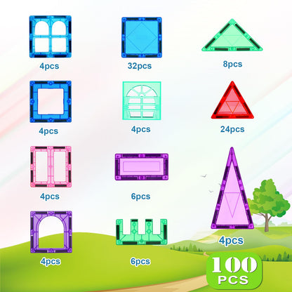 Magnetic Tiles 100PCS Kids Toys - Magnetic Building Blocks STEM Magnet Building Set Preschool Learning Magnet Toys for Kids Ages 3-5 4-8, Sensory Montessori Toy for Toddlers 3+ Year Old Boys Girls