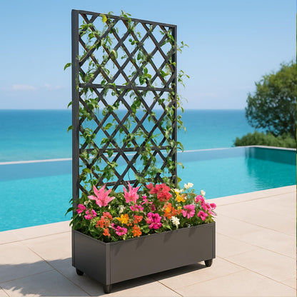 EcoSummer Metal Planter Box, with Diamond Lattice Trellis, 72"x35", Galvanized Raised Garden Bed on Wheels for Climbing Plants, Black