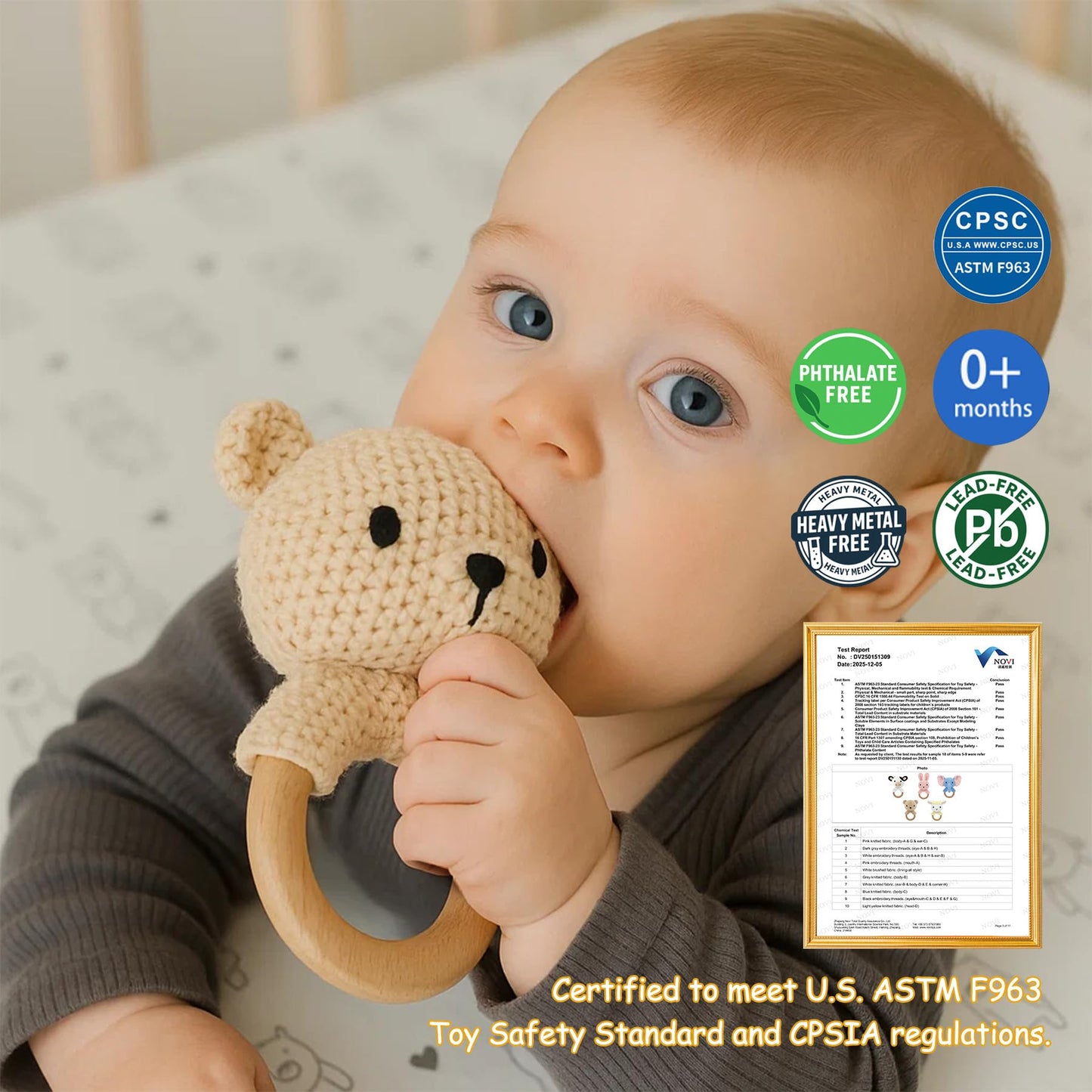 JUSTQUNSEEN Teddy Bear Baby Rattle Toy Hand Crochet Knitted Plush Stuffed Animal Teether Natural Wood Ring Cute Bear 6 Month Baby Gift Gentle Sound Shaker Newborn Infant Crib Soothing Sleep Aid Gift
