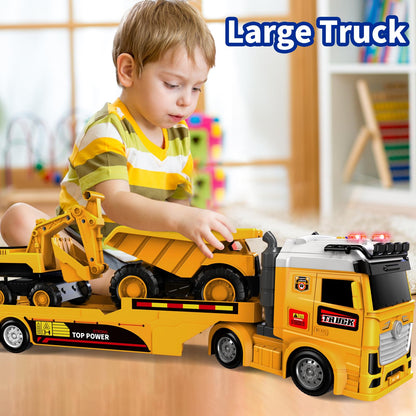 Toddler Boy Toys for Ages 3 4 5 6 7 8 Years Old, 25" Large Construction Carrier Truck Toy Excavator and Dump Truck, Friction Powered Vehicle with Lights & Sounds, Birthday Gift for Boys Girls
