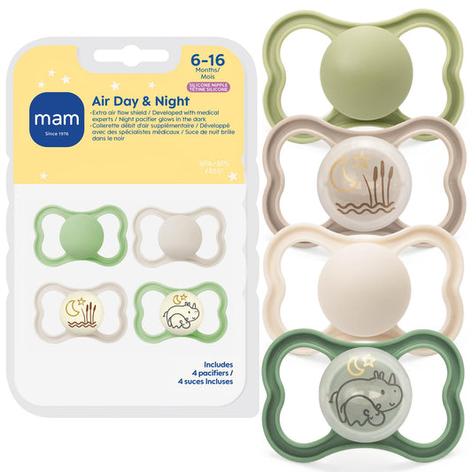 MAM Air Pacifier for Babies 6-16 Months, Extra Air Flow for Sensitive Skin, Glows in The Dark, Developed with Medical Experts, BPA-Free Skin Soft Silicone, 4 Count, Made in Europe