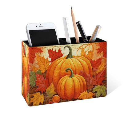 Famame Pumpkin Autumn Harvest Pencil Holder for Desk, Leather Desktop Container Pen Cup Storage Study Table Pen Organizer Makeup Brush Holder for Classroom Office Home