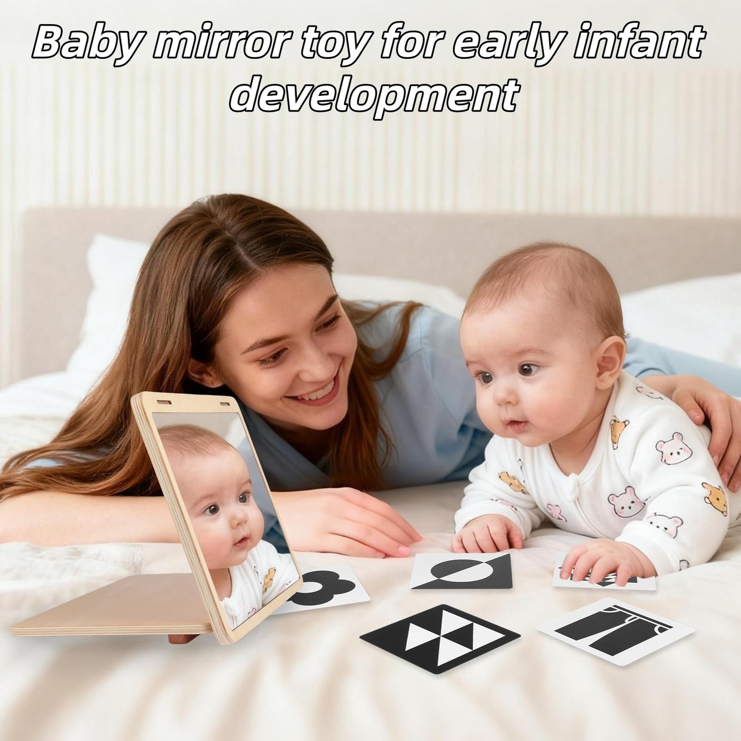 juhg Tummy Time Mirror Large Baby Mirror Toy and Card Display Stand with Black and White High Contrast Baby Cards Double-Sided Design Adjustable Angle Montessori Mirror