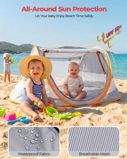 Poray Portable Baby Beach Tent with UPF 50+ Sun Shelter,Mosquito Net and Sunshade, Ideal Pop Up Kids Travel Tent with Carry Bag & 2 Stakes,Outdoor Indoor Play and Sun Protection