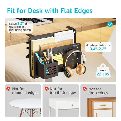 PEGZONE Desk Side Storage Organizer, No Drill Under Desk Laptop Holder, Clamp on Desks Shelf with Pegboard Accessories, Hanging Laptop Mount, Fits Flat Edge 0.4" to 2.2", Black