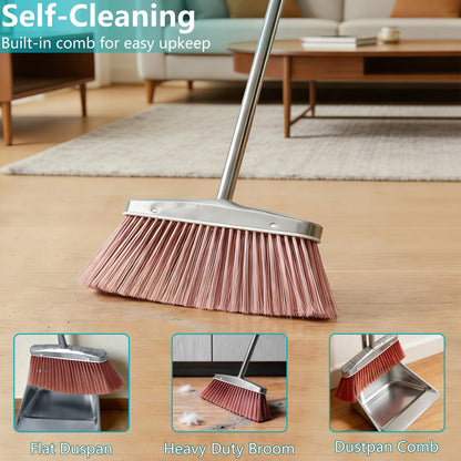 Stainless Steel Broom and Dustpan Set, 2-Piece, Long Handle Standing Design with Comb Teeth, Heavy Duty Windproof Upright for Home, Kitchen, Indoor Outdoor Use (Silver Teeth)