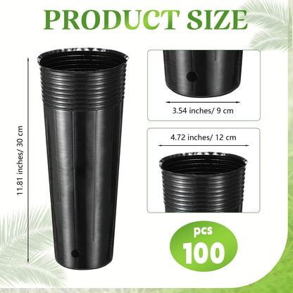 Ferrochef 100 Pack Tall Tree Pot 11.8'' x 4.7'', Black Plastic Deep Nursery Pots, Soft Deep Seedling Pots for Seed Starting, Plant Starter Cups with Drainage Holes for Flowers, Cutting & Transplanting