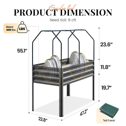 KING BIRD Large Raised Garden Bed with Netting Galvanized Elevated Planter Box with Legs 48×24×56 in for Backyard, Patio, Balcony, 400lb Capacity, Dark Grey