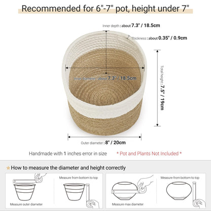 Dahey Small Cotton Rope Plant Basket Woven Plant Coiled Basket for Up to 7" Planter, Decorative Flower Pot Cover Closet Storage Bin Table Desk Organizer for Home Decor, White and Beige