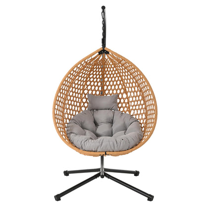GDFStudio Hammock Chair with Stand, Rattan Weave Hanging Egg Chair with Cushion, Iron Frame Swing Ceiling Chair for Indoor Outdoor Patio Balcony Porch Garden, Patio Furniture, 330lbs, Brown+Gray