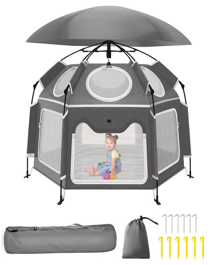 Pop-Up Portable Baby Playpen with UV Canopy, Waterproof Outdoor & Indoor Play Tent, Breathable Mesh Sides, Quick Setup Folding Baby Play Yard with Carry Bag & Stakes 59"