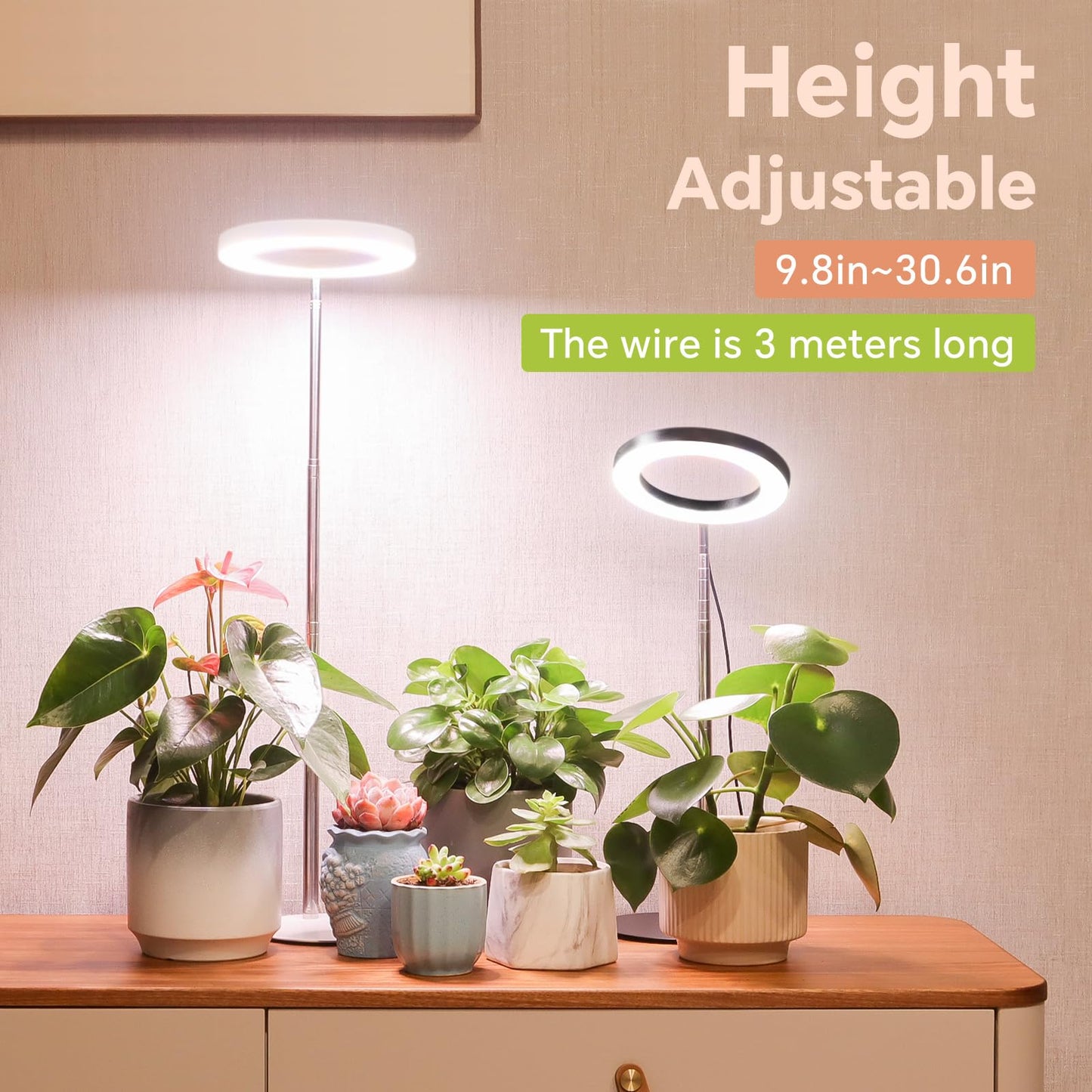 GTRUIIDY Desktop Grow Light, Height Adjustable Grow Lights for Indoor Plants Full Spectrum, 3 Lighting Mode, Halo Grow Light with Timer, Plant Lights for Indoor Growing (White)