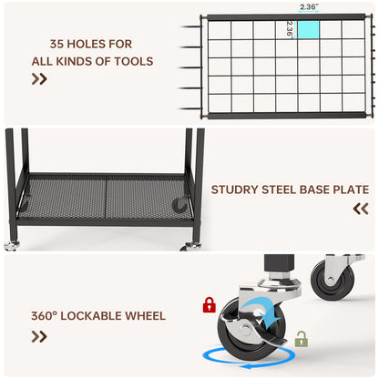 Hadulcet Garden Tool Organizer, Metal Garage Organization and Storage with Lockable Wheels, Garden Tool Rack with Storage Hooks, Heavy Duty Yard Tool Organizer for Garage, Shed, Lawn, Outdoor, Black