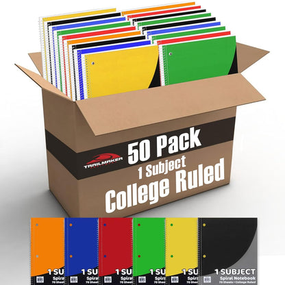 Trail maker Bulk Notebooks (50 Pack), One Subject Notebooks College Ruled, 140 Pages (70 Sheets),Spiral Bulk Notebooks for Kids, School Supplies, Journaling, Note Taking, Students, and Work