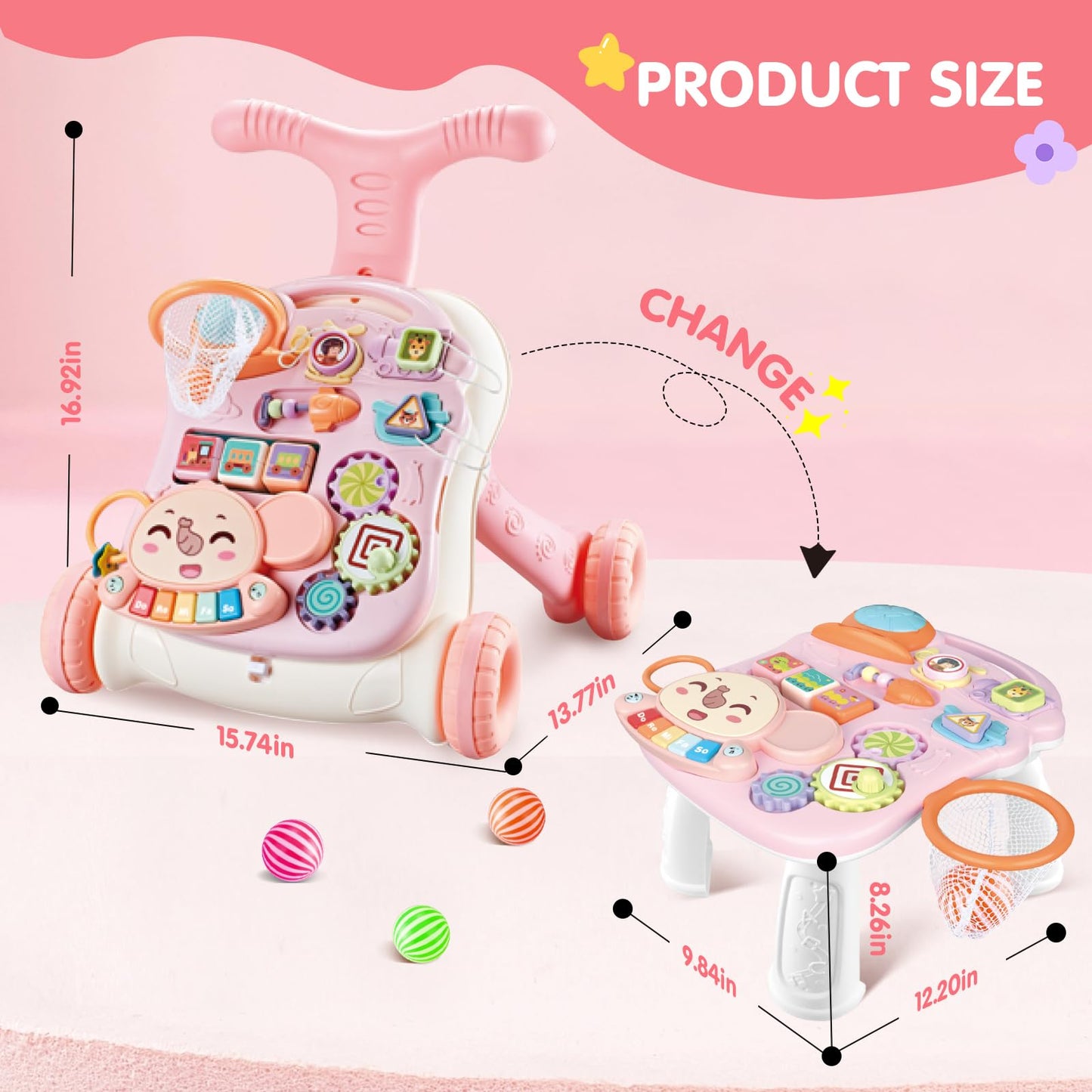 AuntyFey Baby Walker, 3 in 1 Push Walker for Baby Girls Boys, Baby Walking Toy for 1 Year Old Learning to Walk, Sit to Stand Baby Walker Push Toy for Girl 12 Months, Pink