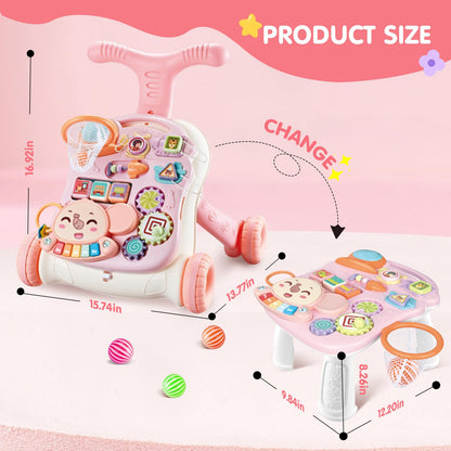 AuntyFey Baby Walker, 3 in 1 Push Walker for Baby Girls Boys, Baby Walking Toy for 1 Year Old Learning to Walk, Sit to Stand Baby Walker Push Toy for Girl 12 Months, Pink