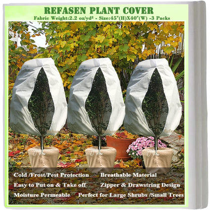Refasen Plant Covers Freeze Protection,3 Packs 45”H X40”W Frost Blankets for Outdoor Plants Frost Cloth with Zipper Drawstring-Protect Trees from Cold Frost Pest