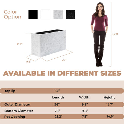 DEPLA LANE Trevano Fiberstone Rectangular Planter (26" L x 9.8" W x 15.7" H) Ribbed Finish, Removable Inner Pots, Lightweight, Durable, UV Resistant, Modern Indoor Outdoor Plant Pot (M, Ribbed White)