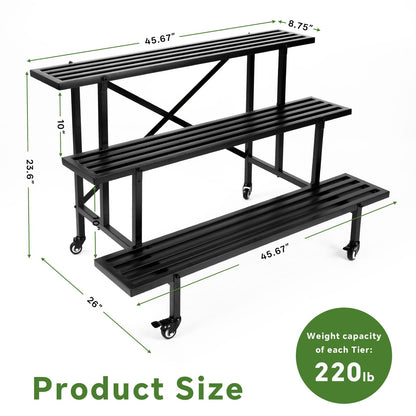 Yunphia US 3-Tier Metal Plant Stand, 45.56”L x 26”W x 23.6”H - Heavy-Duty Rolling Tiered Plant Display Rack for Indoor, Outdoor & Patio Use