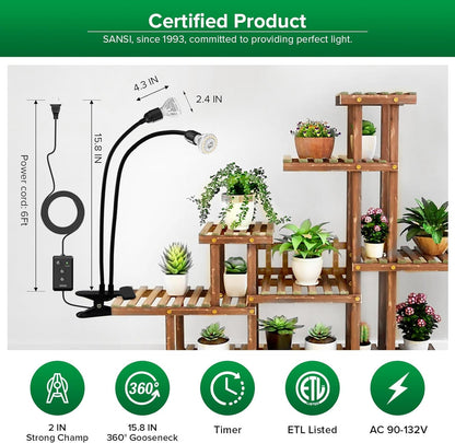 SANSI LED Grow Lights for Indoor Plants, Lifetime Free Bulb Replacement, 300W Full Spectrum Dual Gooseneck Clip Plant Grow Light, Plant Light with Timer 4/8/12 Hrs, High PPFD Growing Power Grow Lamp