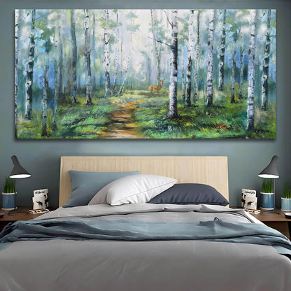 Enartly Birch Tree Wall Art for Living Room, Large Wall Decor Canvas Painting Green Forest Nature Picture Scenery Artwork Textured Framed for Bedroom Hallway Home Office Decoration 48"x24"