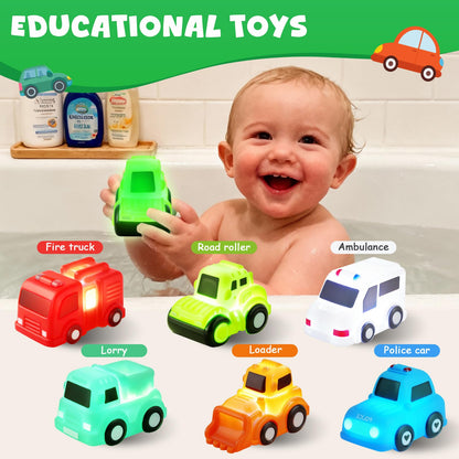 Baby Bath Toys, 6 Pack Light Up Cars Bath Toys, No Hole No Mould Bathtub Toy for 1 2 3 Year Olds, Flashing LED Sensory Toy for Toddlers, Bath Time Shower Gifts for Boys and Girls