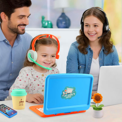 Pretend Play Home Office Set for Kids, Features Toy Laptop Computer, LCD Writing Tablet, Toy Phone, Headset, Sunflower & Coffee Cup, Toys Gifts for Boys Girls Age 3-5-7