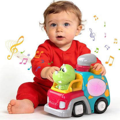P&C Dinosaur Truck Toys for 1 2 3 Year Old Boys Girls, 18-36 Months Baby Toy with Music & Lights, Montessori Learning Toy for Crawling Walking, Educational Push Car for Toddlers, Birthday Gift