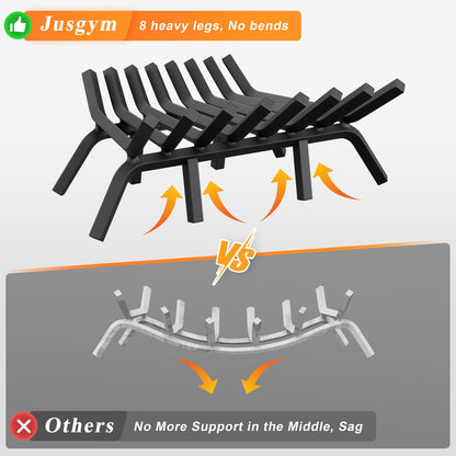 Jusgym Fireplace Grate 24 Inch with 8 Support Legs, Solid Steel Heavy Duty Fireplace Log Holder with Fire Log Tongs & Fire Poker, Fireplace Log Grate for Indoor Fireplace and Outdoor In-ground Firepit