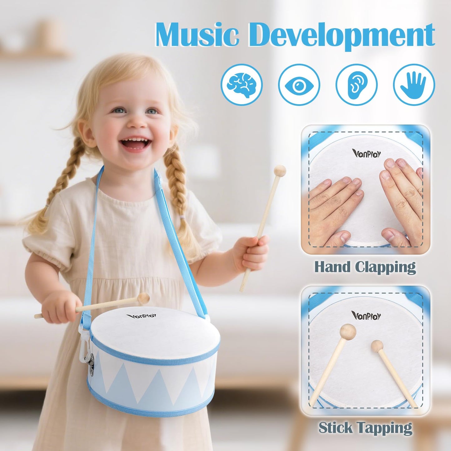Vanplay Drum Set for Toddler - Toys for 2 3 Year Old Boy Girls Birthday Gifts - Wooden Musical Instruments for Toddlers 2-4, Preschool Montessori Music Toys with Snare Drum for Kids Age 3-5