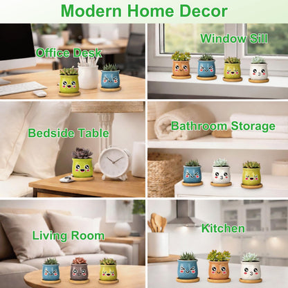 Thorkok 3 Inch Small Succulent Pots 6-Pack Cute Mini Ceramic Pots with Bamboo Tray Cactus Planters for Home and Office Decor Gift for Women, Mom, Plant Lover (Plants Not Included)