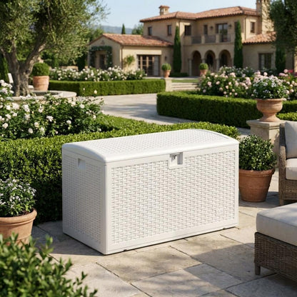 Garvee 99 Gallon Waterproof Large Resin Deck Box Indoor Outdoor, Lockable Storage Container for Patio Furniture Tools, Waterproof Deck Box Patio Storage Bin for Pool Garden, White