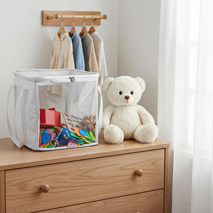 Afcabakila 3 Pack Large Storage Bins, Foldable PVC Organizer Box with Transparent Lid & Handles, Multi-Purpose Toy Clothes Books Home Decor Storage (White, 12 Inch)