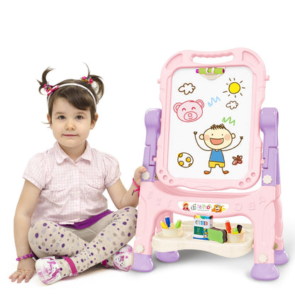 Kids Art Easel, Adjustable Drawing Whiteboard & Chalk Board, Double Sided Toddler Easel with Painting Accessories, Birthday Gift Toy for Little Girls Boy Age 2 3 4 5 (Pink)
