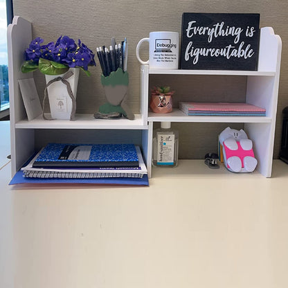 YGYQZ Adjustable PVC Desktop Organizer Storage Rack - White Desk Shelf for Office, Women, Dormitory & Home Decor