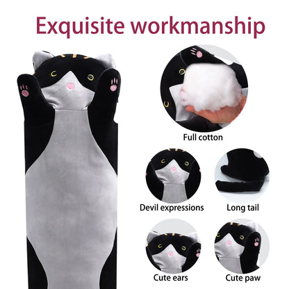 shangman Lovely Plush Cat Doll Cute Cartoon Soft Stuffed Kitten Pillow Long Throw Sleeping Pillow Doll Toy Valentines Day Gift for Kids Girlfriend (Black, 130cm/51.1in)