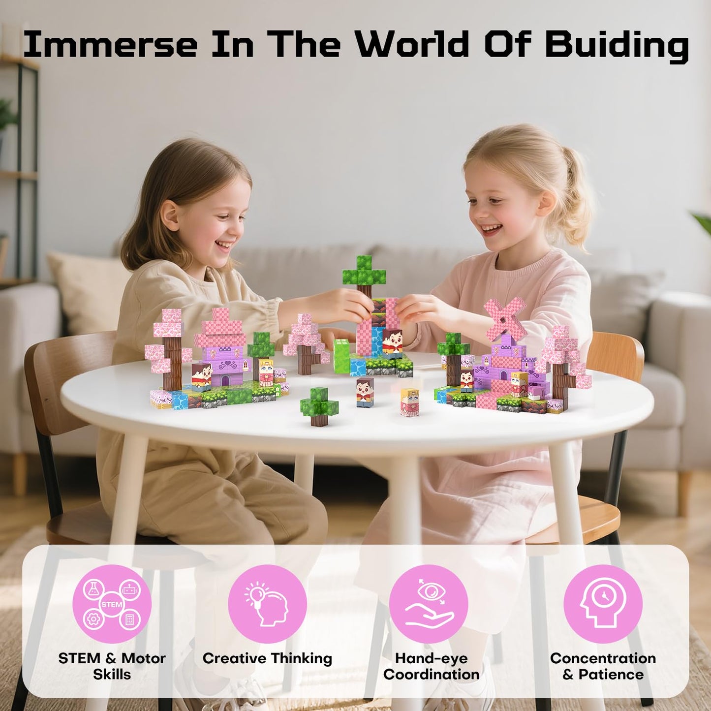 Kryzomat 100PCS Magnetic Blocks, Magnetic Building Blocks for Kids Age 4-8, Pink Princess Castle Toys for Girls, STEM Sensory Birthday Gift for Kids Age 3+ Years Old