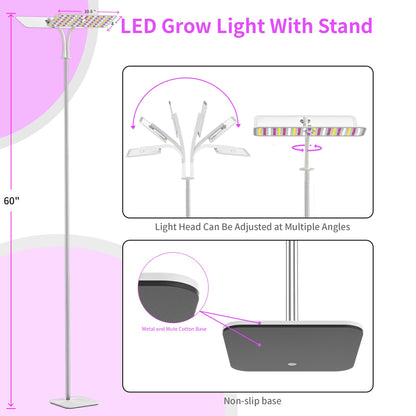 KINGPLUS Grow Lights with Stand, Double Head, Full Spectrum LED Grow Light for Indoor Plants, 240 Leds, 4 Dimmable Levels, Timer 4/8/12h, 12-60inches Height Adjustable, 36w, Ideal for Desk Small Plant