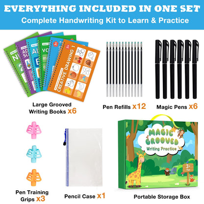 Hoarecal Magic Grooved Writing Practice Book for Kids Ages 3–8, 6 Reusable Handwriting Practice Books with 6 Pens, 12 Refills, 3 Soft Grips, Preschool Learning Activities Gifts for Boys and Girls