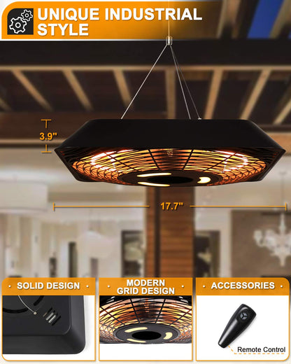 Star Patio Electric Patio Heater, Outdoor Heater with Remote and Touch Switch, 750W/1500W Infrared Hanging Heaters with SQUARE SHAPE Black Finish, IP45 Waterproof, STP1568-RMLED-SQN2025