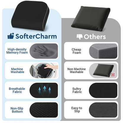 SofterCharm Seat Cushion, Memory Foam Office Chair Cushions for Long Sitting Hours, Chair Pad for Sciatica, Coccyx, Tailbone, Hip Pain & Pressure Relief, Office, Home, Car Seats, Airplane, Black/Large