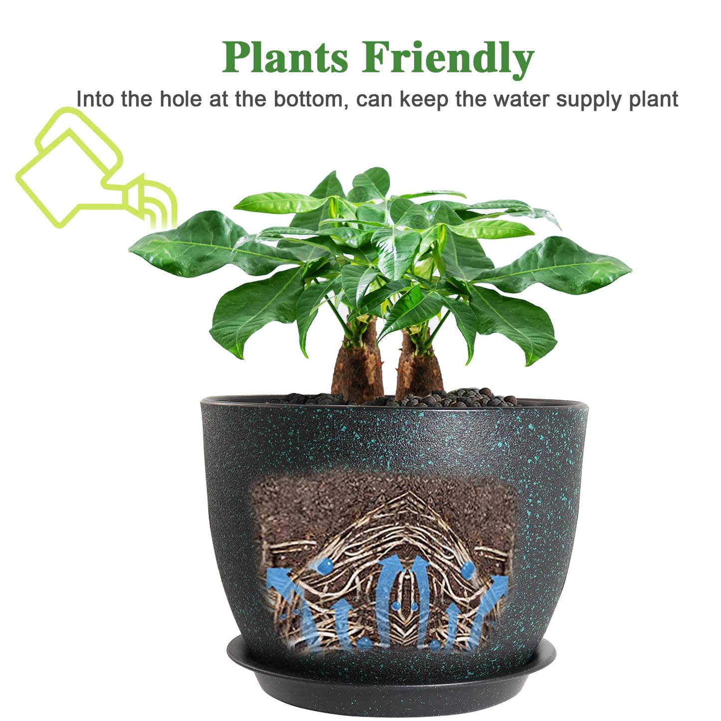 UOUZ 12inch Large Plant Pot, Modern Plastic Planter with High Driange Holes and Saucer for Indoor Outdoor Garden Plants and Flowers, Black with Green Speckles