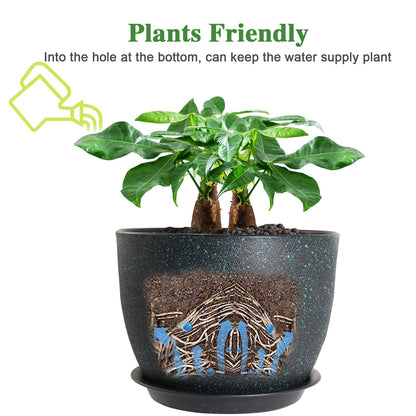 UOUZ 12inch Large Plant Pot, Modern Plastic Planter with High Driange Holes and Saucer for Indoor Outdoor Garden Plants and Flowers, Black with Green Speckles