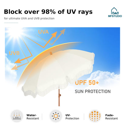 MFSTUDIO 7ft Patio Beach Umbrella with Fringe, Tassel Umbrellas UPF50+ with Sand Anchor & Tilt Button, Holiday Outdoor Umbrella with Carry Bag, Ideal for Garden Lawn Poolside, Ivory